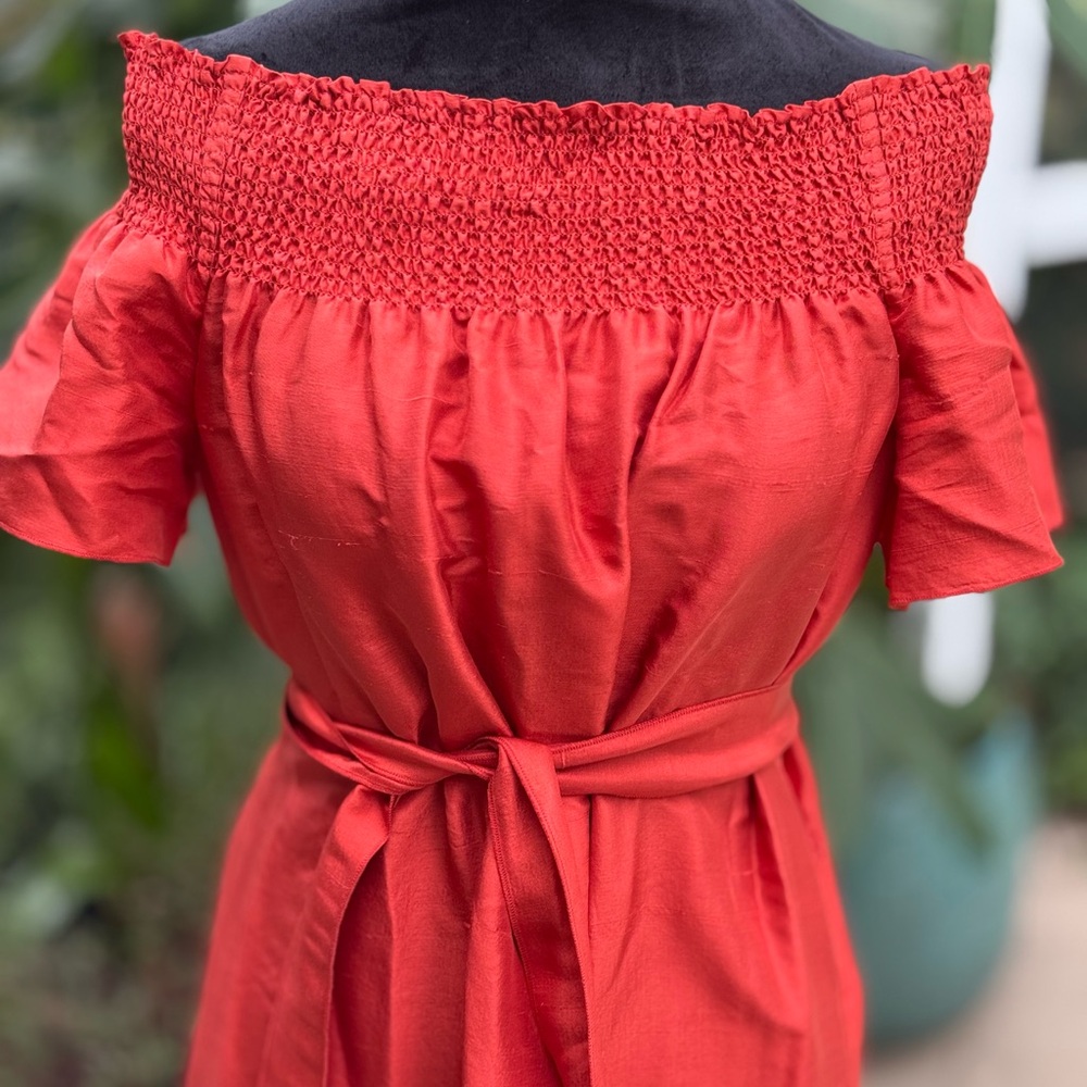 Tory Burch Red Off-Shoulder Mini Dress with Puff Sleeves